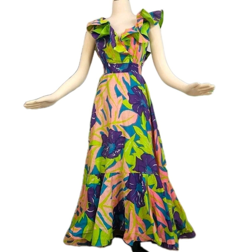 1960's Hawaiian Jamaica Fashion Guild Daphne Logan Hand Print Dress Gown Vintage
